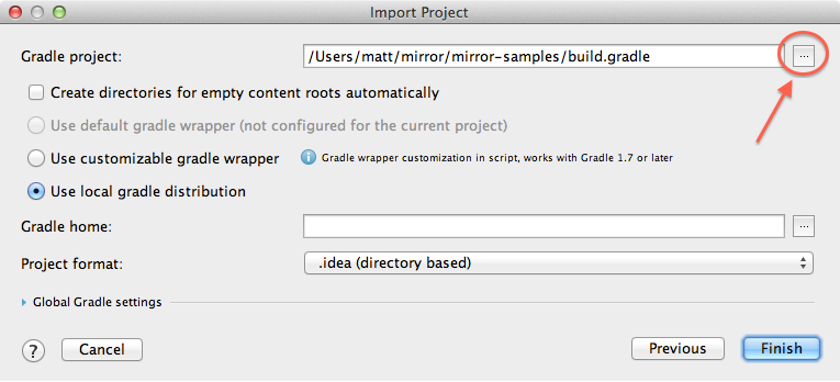 Import project window highlighting the "..." button